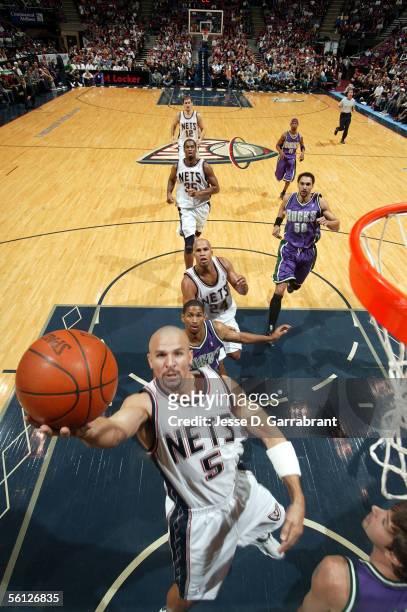 Jason Kidd of the New Jersey Nets lays the ball up during the game against the Milwaukee Bucks at Continental Airlines Arena on November 2, 2005 in...