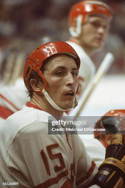 Alexander Yakushev of the Soviet Union looks on from the bench during Game 1 of the 1972 Summit Series against Canada on September 2, 1972 at the...