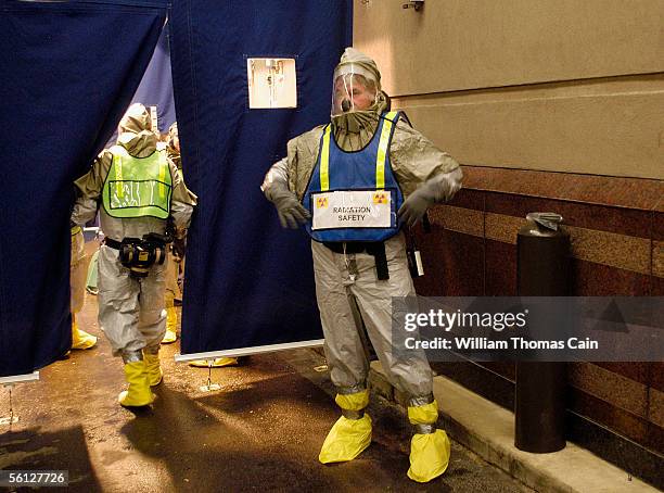 Radiation safety personnel at Thomas Jefferson University Hospital prepare for a mass casualty terrorist drill November 9, 2005 in Philadelphia,...