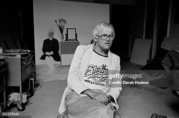 English artist David Hockney photographed in his rented atelier in the heart of St. Germain, Paris in 1979.