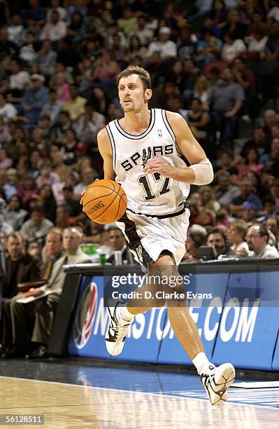 Brent Barry of the San Antonio Spurs drives upcourt during the game against the Cleveland Cavaliers on November 4, 2005 at SBC Center in San Antonio,...