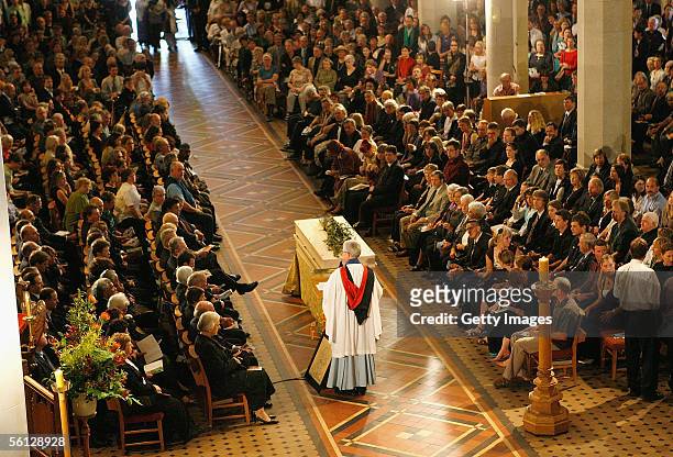 The casket of Rod Donald, New Zealand's Green Party co-leader, is seen inside the Christchurch Cathedral during Donald's funeral on November 10, 2005...