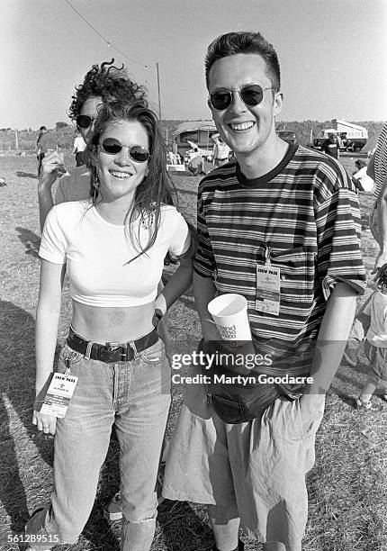 Actress Anna Friel, with Miles Hunt of The Wonderstuff backstage at Phoenix Festival, Stratford-Upon-Avon, United Kingdom, 1994.