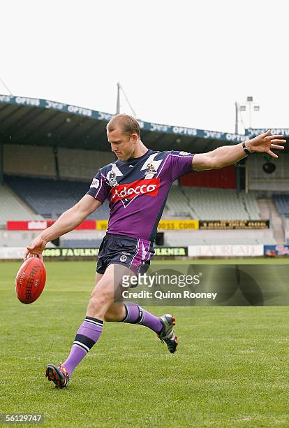 Scott Hill of the Melbourne Storm tests his football skills after the media announcement that Melbourne Storm will share Optus Oval with Carlton as...