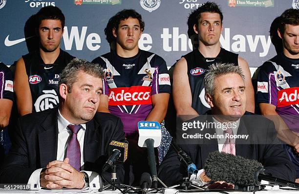 Melbourne Storm CEO Brian Waldron and Carlton Football Club CEO Michael Malouf make the announcement that Melbourne Storm will share Optus Oval with...