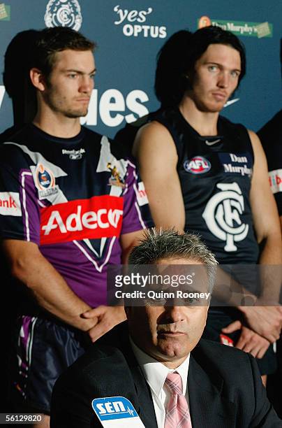 Carlton Football Club CEO Michael Malouf surrounded by Carlton and Melbourne Storm players makes the announcement that Melbourne Storm will share...