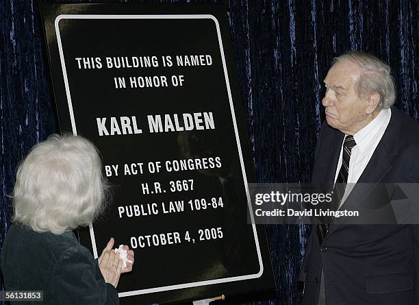 Mona Malden and actor Karl Malden view the dedication sign during the dedication of the Barrington Station Post Office to legendary Oscar winning...