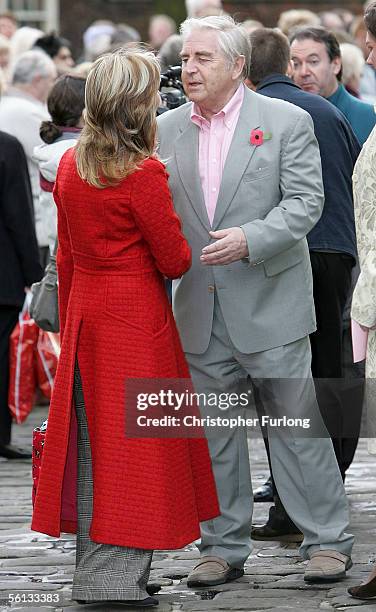 Former Coronation Street actor Peter Baldwin talks to Lesley Garrett as they arrive for the public memorial service of countdown presenter Richard...