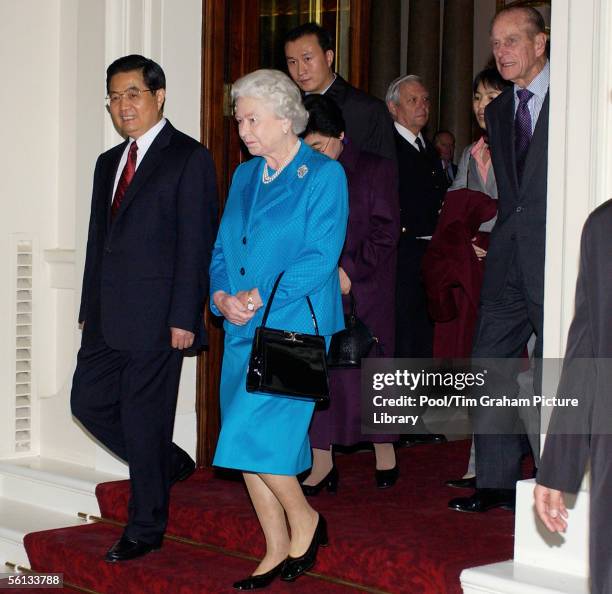 Queen Elizabeth II and Prince Philip, Duke of Edinburgh with Mr Hu Jintao, President of the Peoples Republic of China as he departs from Buckingham...