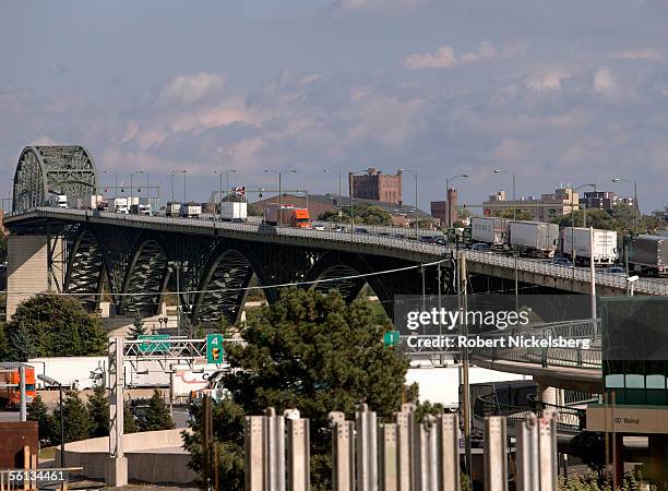View across the Peace Bridge from Fort Erie, Ontario shows the long line of trucks on September 20, 2005 in Buffalo, New York. Nearly 3.2 million...