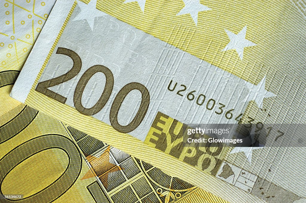 Close-up of two hundred Euro banknotes