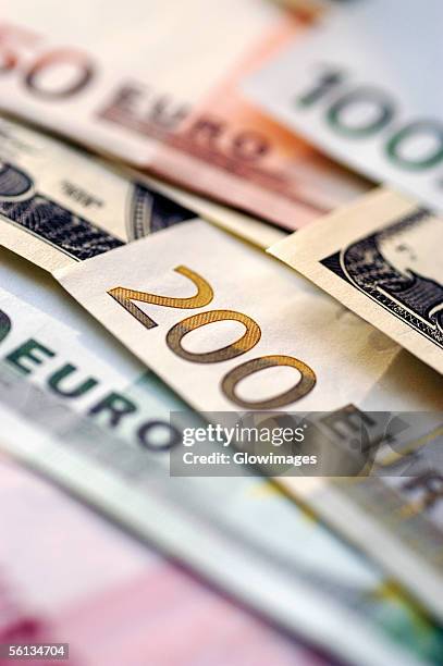 various euro bank notes, close-up, full frame - two hundred euro banknote stock pictures, royalty-free photos & images