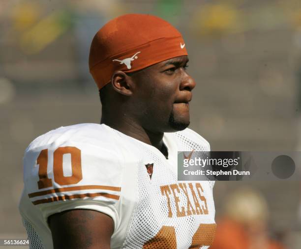 Quarterback Vince Young of the Texas Longhorns looks on before the game against the Baylor Bears on November 5, 2005 at Floyd Casey Stadium in Waco,...