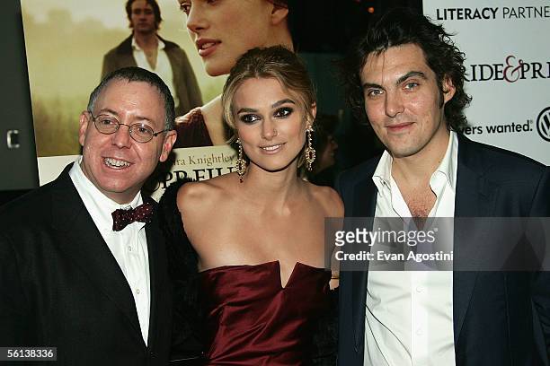 Focus Features Co-President James Schamus, actress Keira Knightley and director Joe Wright attend the premiere of "Pride & Prejudice" at Loews...