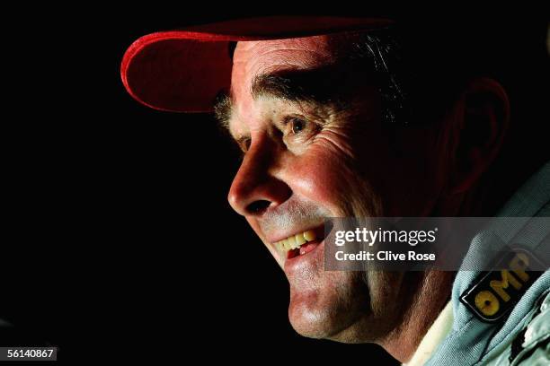 Nigel Mansel of Great Britain laughs during a press conference after Practice prior to the Grand Prix Masters race at the Kyalami Circuit on November...