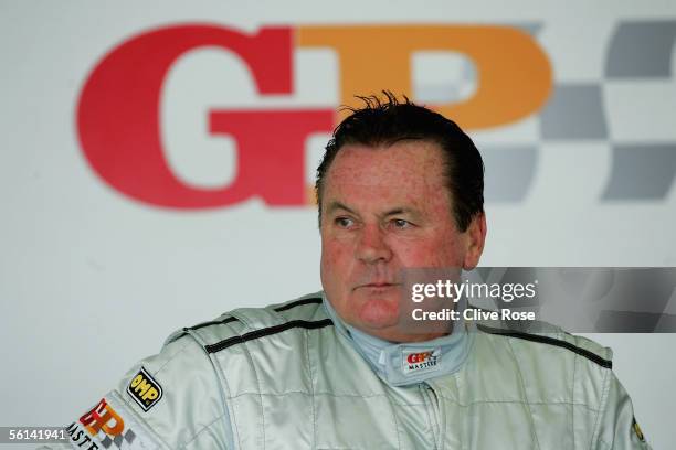 Alan Jones of Australia in the pits during a Practice session prior to the Grand Prix Masters race at the Kyalami Circuit on November 11, 2005 in...