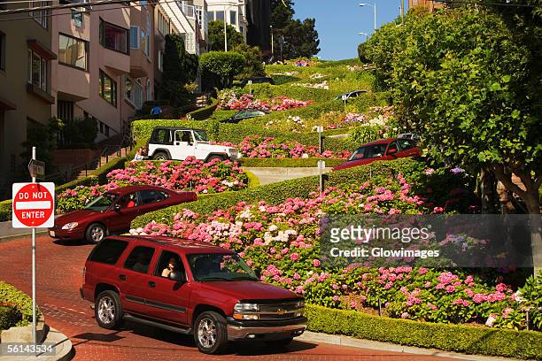 "low angle view of lombard street, san francisco, california, usa" - lombard street san francisco stock-fotos und bilder