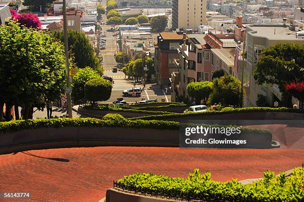 "high angle view of lombard street, san francisco, california, usa" - lombard street san francisco fotografías e imágenes de stock