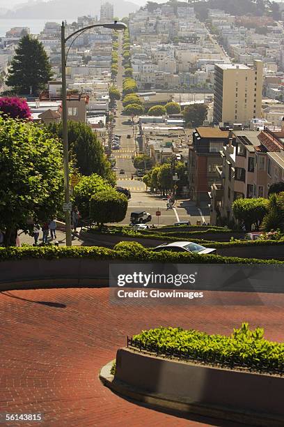 "high angle view of lombard street, san francisco, california, usa" - lombard street san francisco fotografías e imágenes de stock