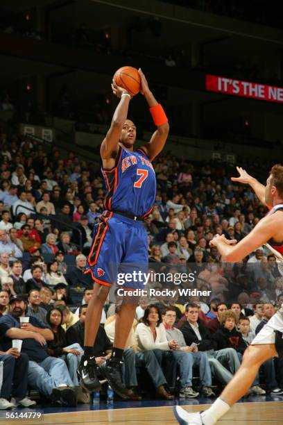 Channing Frye of the New York Knicks takes an open jumper against the Golden State Warriors on November 11, 2005 at the Arena in Oakland, California....