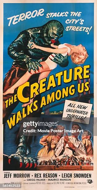 Poster for John Sherwood's 1956 horror film 'The Creature Walks Among Us' starring Jeff Morrow, Leigh Snowden, and Rex Reason.