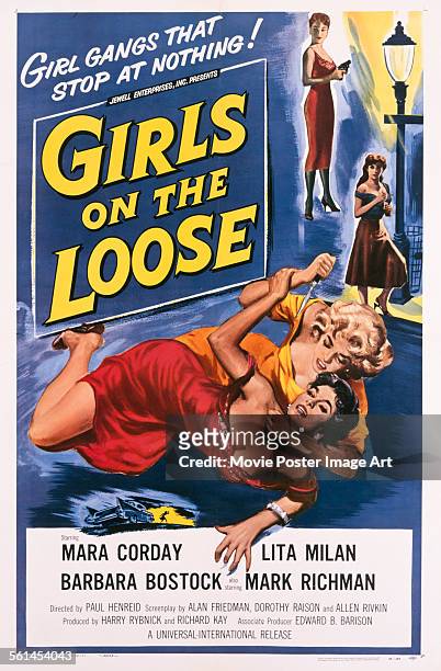 Poster for Paul Henreid's 1958 crime film 'Girls on the Loose' starring Mara Corday, Barbara Bostock, and Lita Milan.