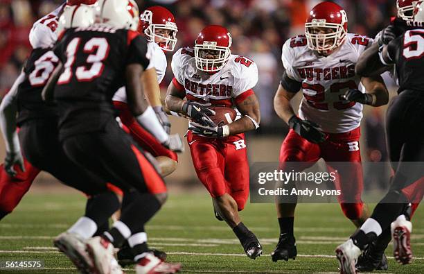 Raymell Rice of the Rutgers Scarlet Knights runs the ball against the Louisville Cardinals during the game at Papa John's Stadium on November 11,...