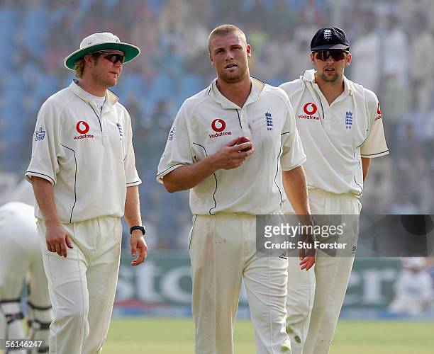 The Three England fast bowlers for this Test, Matthew Hoggard, Andrew Flintoff and Steve Harmison stand in the field during the first day of the...
