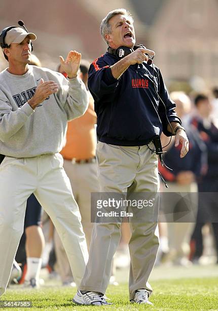 Head coach Ron Zook of the Illinois Fighting Illini directs his players in the first half against the Purdue Boilermakers on November 12, 2005 at...