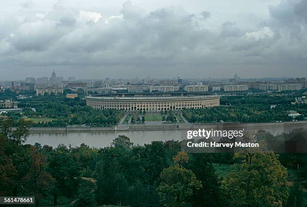 The Central Lenin Stadium, later named the Luzhniki Stadium, on the Moskva River in Moscow, Russia, 1973.