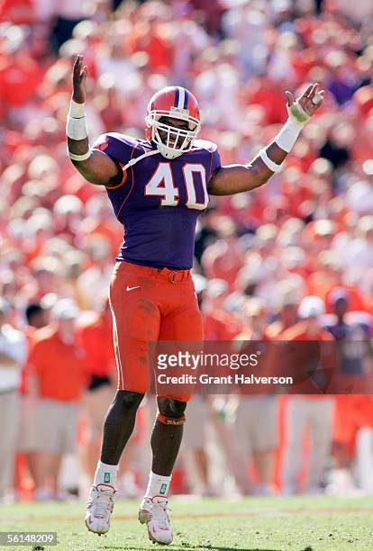 Anthony Waters of the Clemson Tigers fires up the fans during an Atlantic Coast Conference game against the Florida State Seminoles on November 12,...