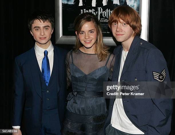 Actors Daniel Radcliffe, Emma Watson and Rupert Grint attend the premiere of "Harry Potter and the Goblet of Fire" on November 12, 2005 in New York...