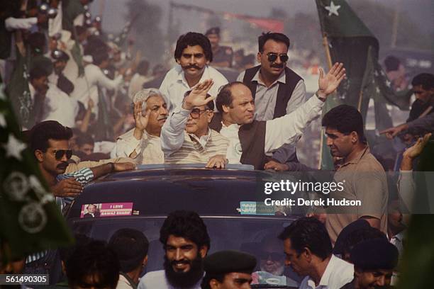 Nawaz Sharif, leader of the Islami Jamhoori Ittehad or Islamic Democratic Alliance , campaigning in Pattoki, Pakistan, during the run-up to the...