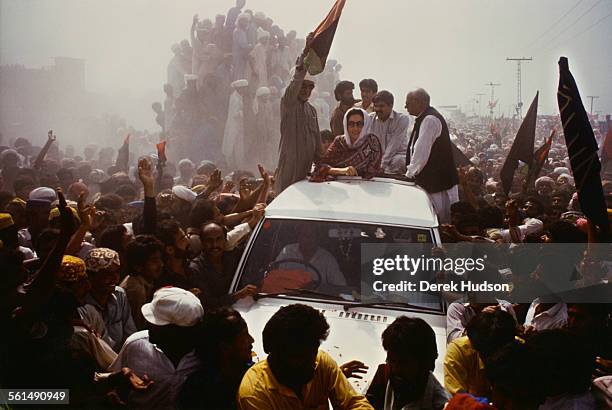Former Prime Minister of Pakistan, Benazir Bhutto campaigning for the Pakistan Peoples Party in the week before the Pakistani General Election,...