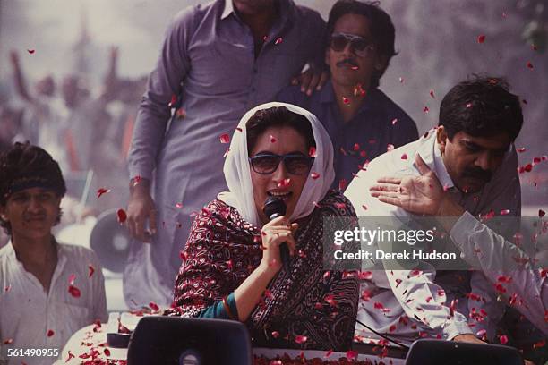 Former Prime Minister of Pakistan, Benazir Bhutto campaigning for the Pakistan Peoples Party in the week before the Pakistani General Election,...