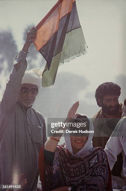 Former Prime Minister of Pakistan, Benazir Bhutto campaigning for the Pakistan Peoples Party in the week before the Pakistani General Election,...