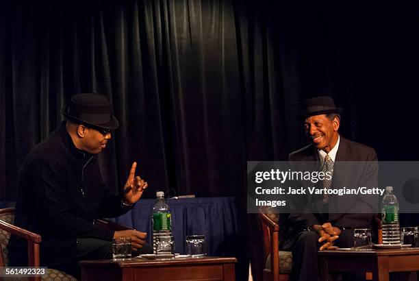 American Jazz musician Greg Osby interviews composer and musician Ornette Coleman during a live Downbeat interview during the 34th Annual...