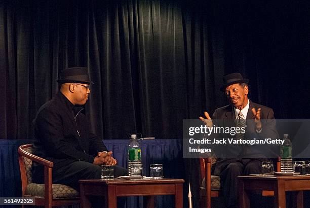 American Jazz musician Greg Osby interviews composer and musician Ornette Coleman during a live Downbeat interview during the 34th Annual...
