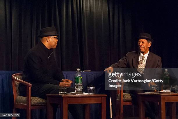 American Jazz musician Greg Osby interviews composer and musician Ornette Coleman during a live Downbeat interview during the 34th Annual...