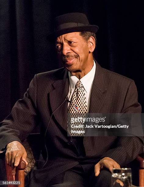 American Jazz composer and musician Ornette Coleman sits for a live Downbeat interview during the 34th Annual International Association for Jazz...