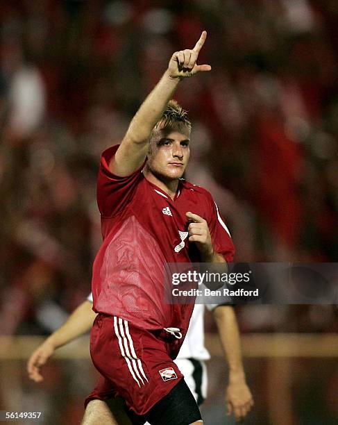Christopher Birchall of Trinidad celebrates scoring during the FIFA World Cup Playoff, 1st Leg match between Trinidad and Tobago and Bahrain at The...