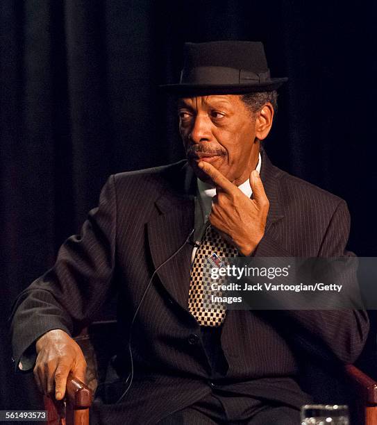 American Jazz composer and musician Ornette Coleman sits for a live Downbeat interview during the 34th Annual International Association for Jazz...