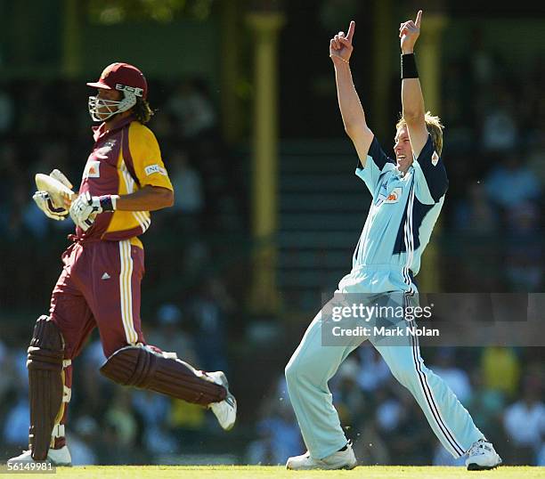 Brett Lee of NSW celebrates the wicket of Andrew Symonds of Queensland during the ING Cup match between the New South Wales Blues and the Queensland...