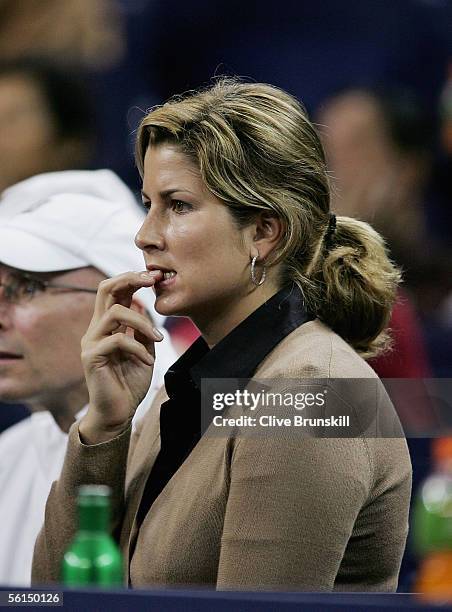 Mirka Vavrinec, Roger Federer of Switzerland's girlfriend, looks tense during his match against David Nalbandian of Argentinain his first match of...