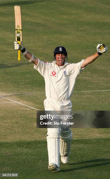 England batsman Marcus Trescothick celebrates after reaching his hundred during the second day of the First Test Match between Pakistan and England...