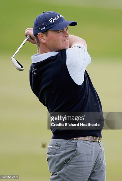 David Drysdale of Scotland plays into the 18th green during the fourth round of the European Tour Qualifying School Final at The San Roque Club,...