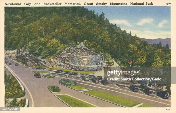 The parking area with cars for the Newfound Gap and Rockefeller Memorial in the Great Smokey Mountains National Park, 1927.