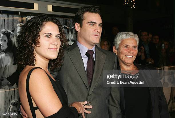 Actor Joaquin Phoenix, his sister Liberty Phoenix and his mother Heart attend the premiere of "Walk The Line" at the Beacon Theater November 13, 2005...