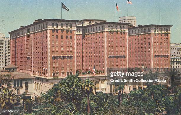 The Biltmore Hotel in Los Angeles, California, with American flags flying, Los Angeles, California, 1930.