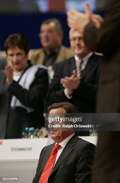 German Chancellor Gerhard Schroeder attends a three-days party convent of the SPD at the Messehalle on November 14, 2005 in Karlsruhe, Germany. The...